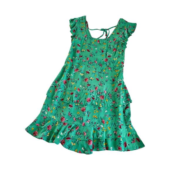 BOG Collective Lottie & Holly Green & Pink Floral Tiered Mini Dress Size Medium - Picture 1 of 6